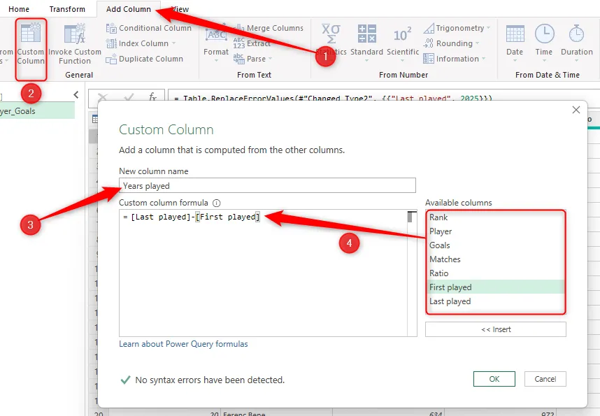 Thêm cột tùy chỉnh &quot;Years played&quot; với công thức trừ đơn giản trong Power Query Editor