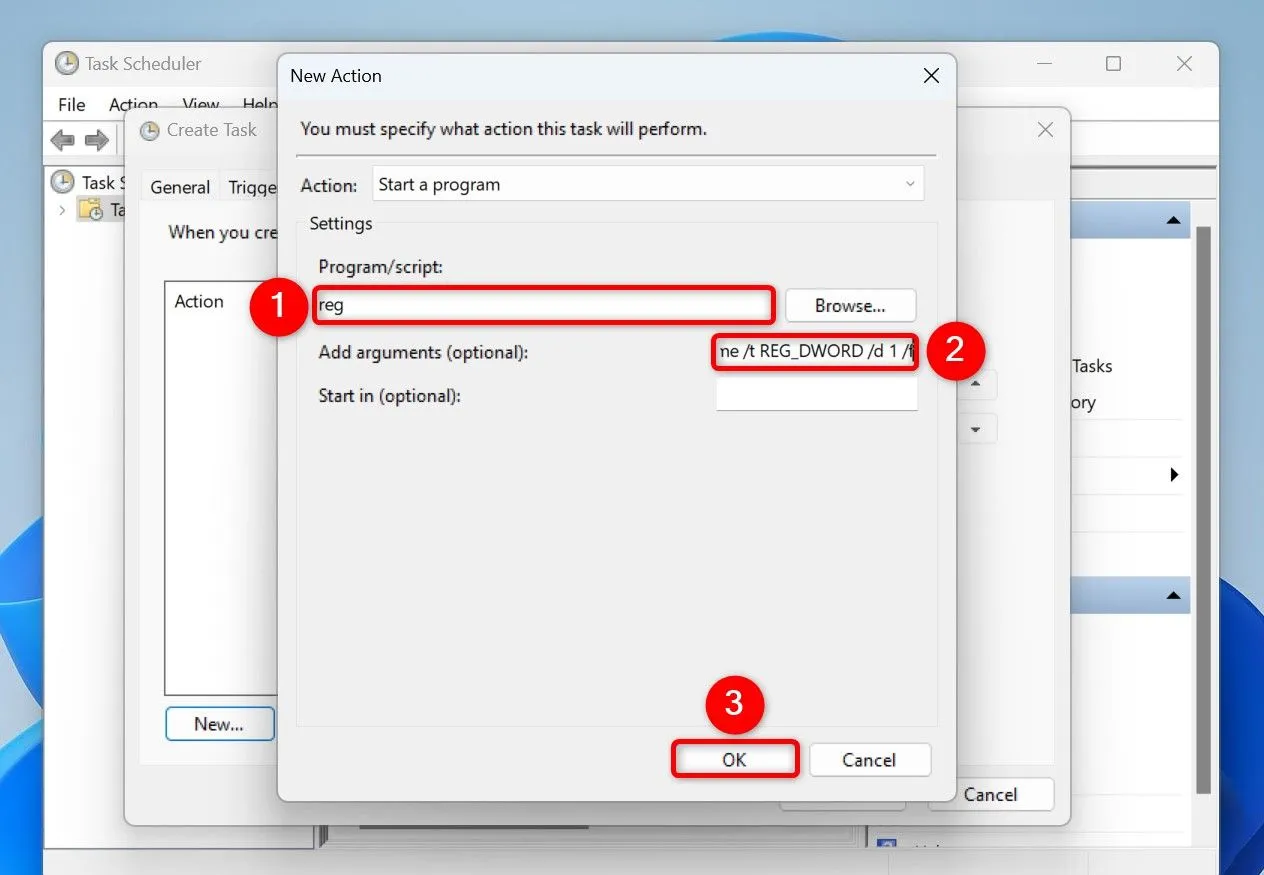 Thêm hành động (Action) sử dụng lệnh Registry để bật chế độ sáng cho hệ thống trong Task Scheduler.