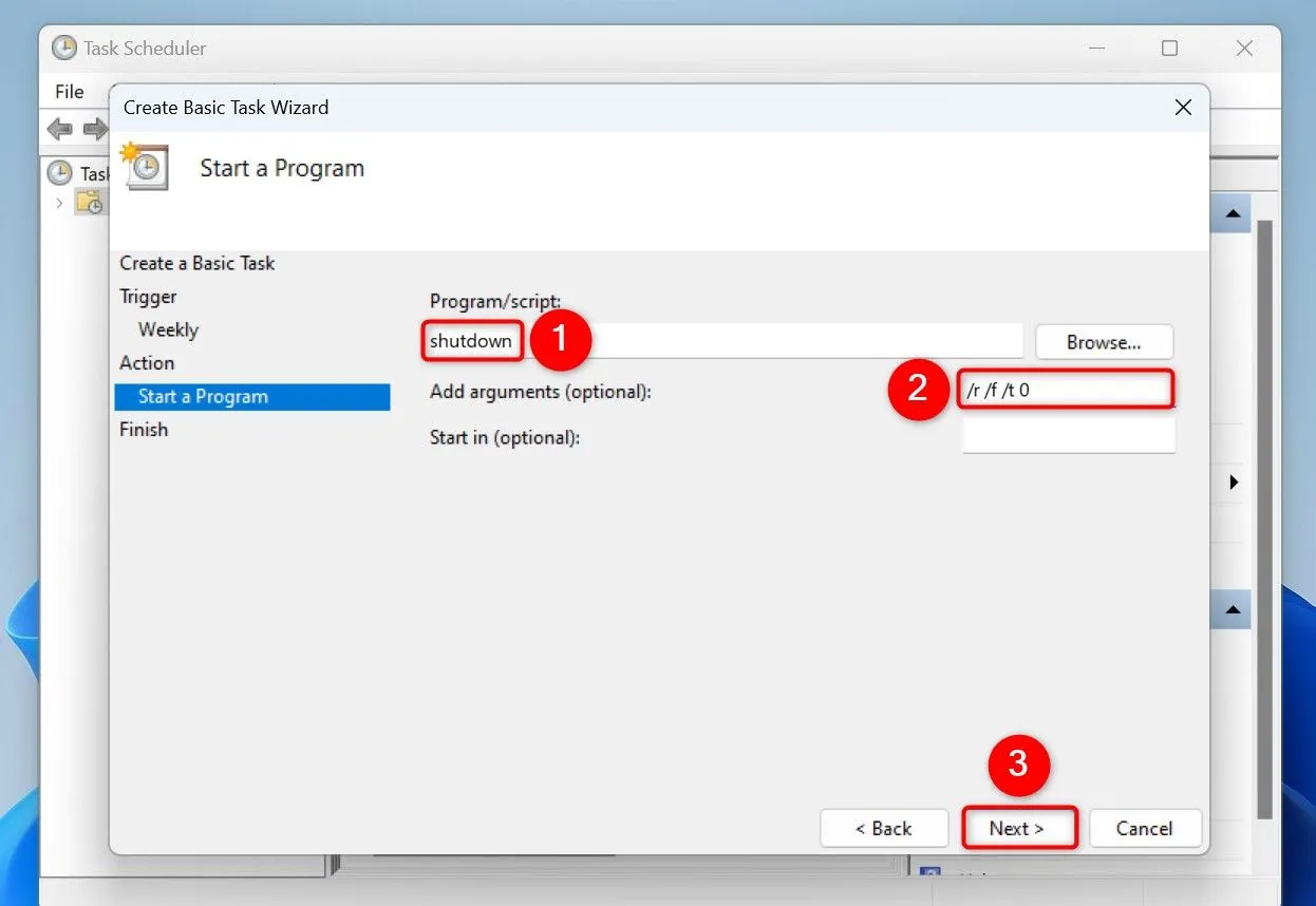Thêm lệnh &quot;shutdown&quot; và tham số &quot;/r /f /t 0&quot; để buộc khởi động lại PC ngay lập tức trong Task Scheduler.