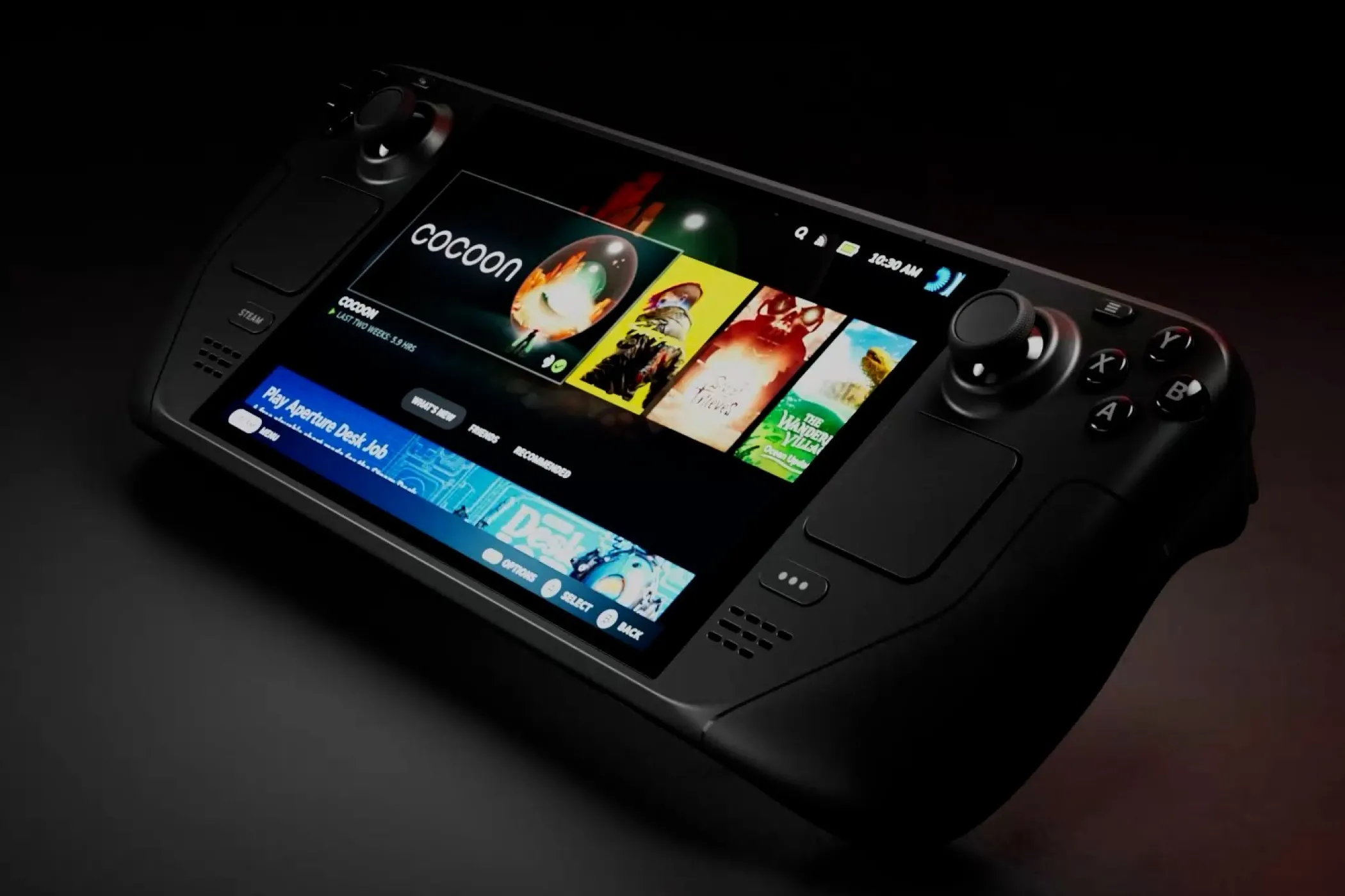 Thiết bị chơi game Steam Deck OLED với màn hình sáng rõ, nổi bật trong không gian tối, tượng trưng cho trải nghiệm hiệu năng và thời lượng pin.