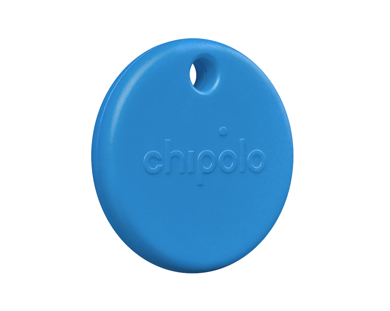 Thiết bị định vị Chipolo Pop màu xanh dương, minh họa thiết kế nhỏ gọn và móc khóa tích hợp tiện lợi