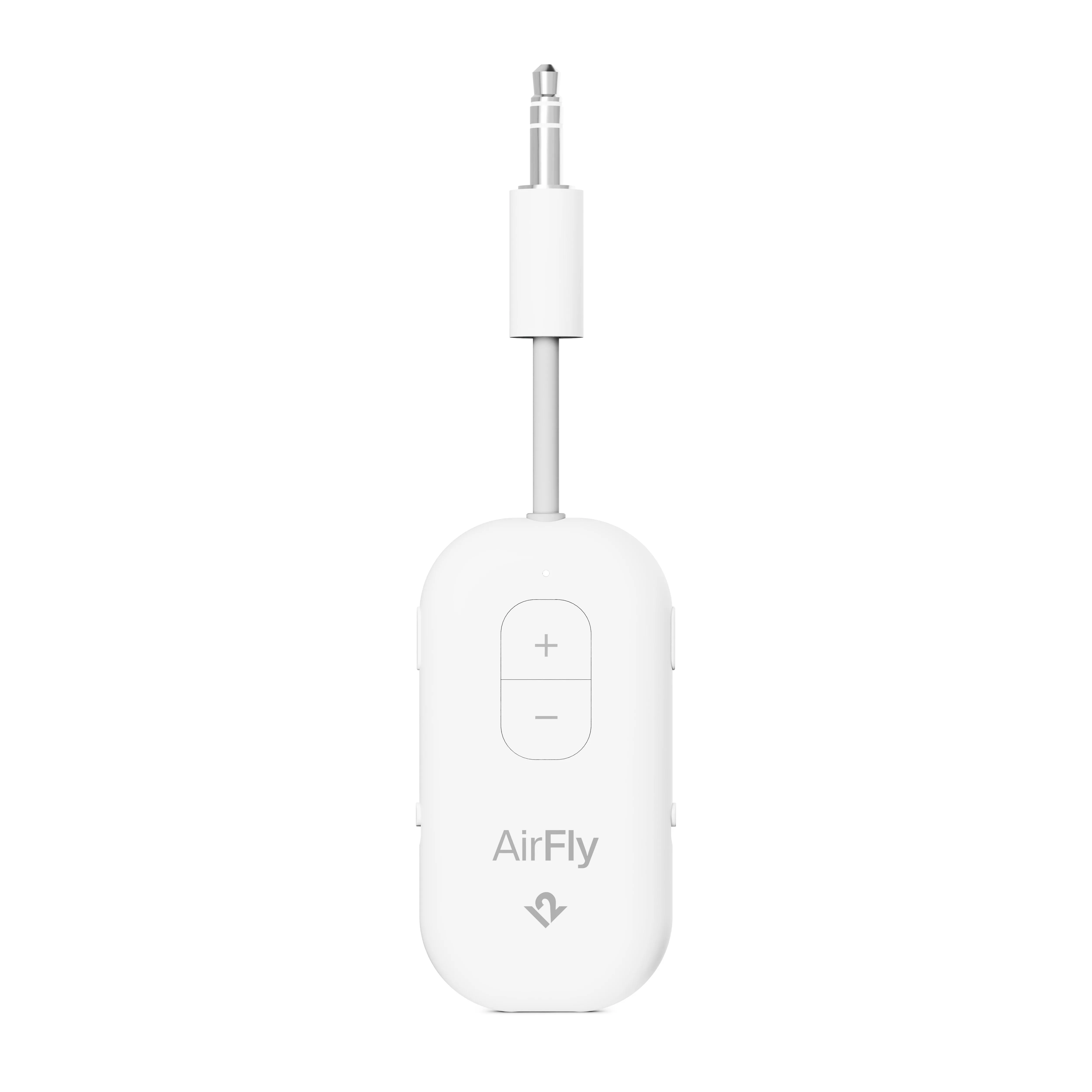 Thiết bị phát âm thanh không dây Twelve South AirFly Pro 2 màu trắng trên nền đơn sắc, làm nổi bật thiết kế nhỏ gọn.