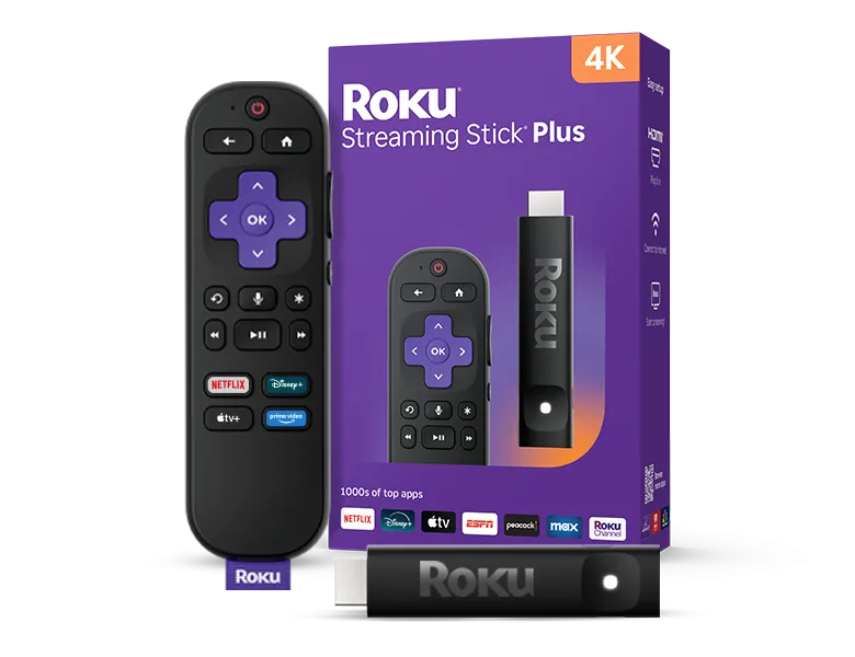 Thiết bị Roku Streaming Stick Plus 4K với hộp sản phẩm và điều khiển từ xa bằng giọng nói
