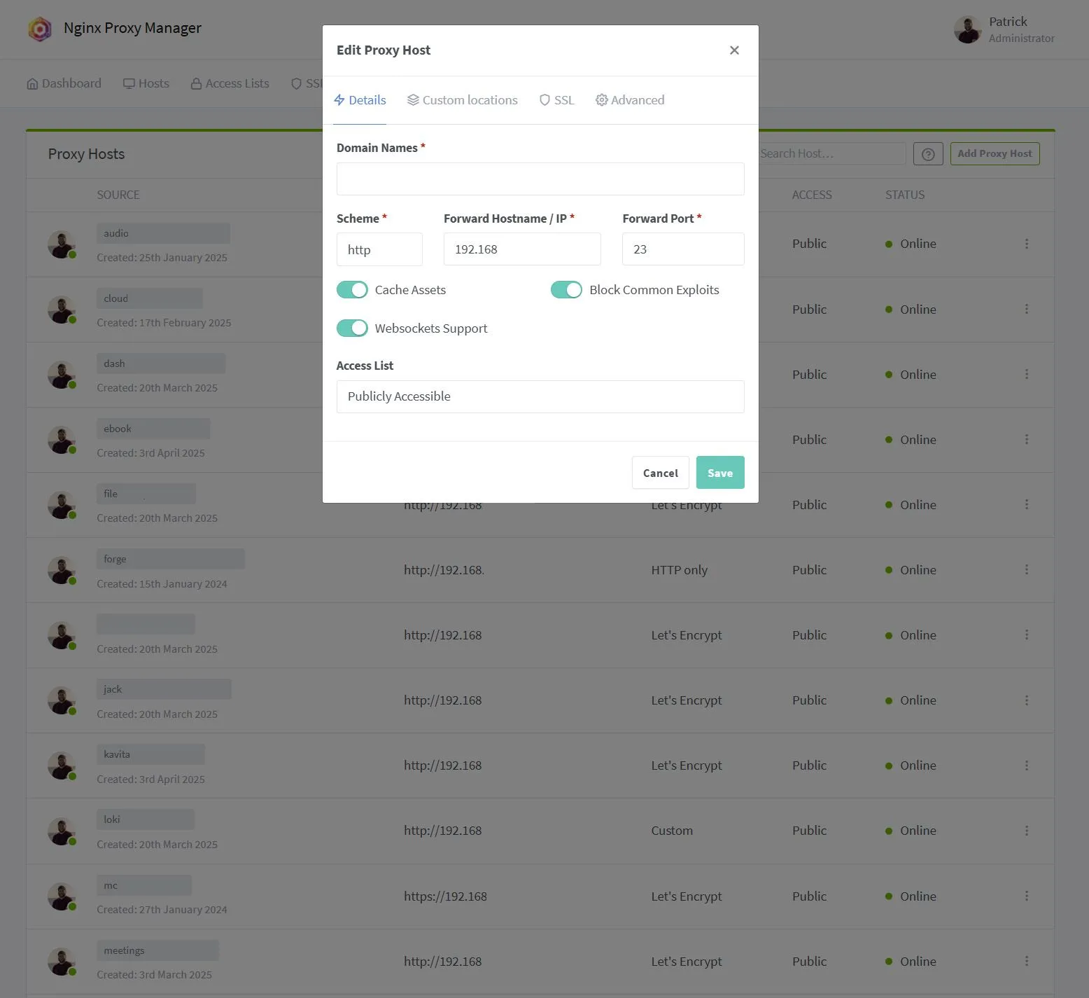 Thiết lập một host mới trong giao diện Nginx Proxy Manager