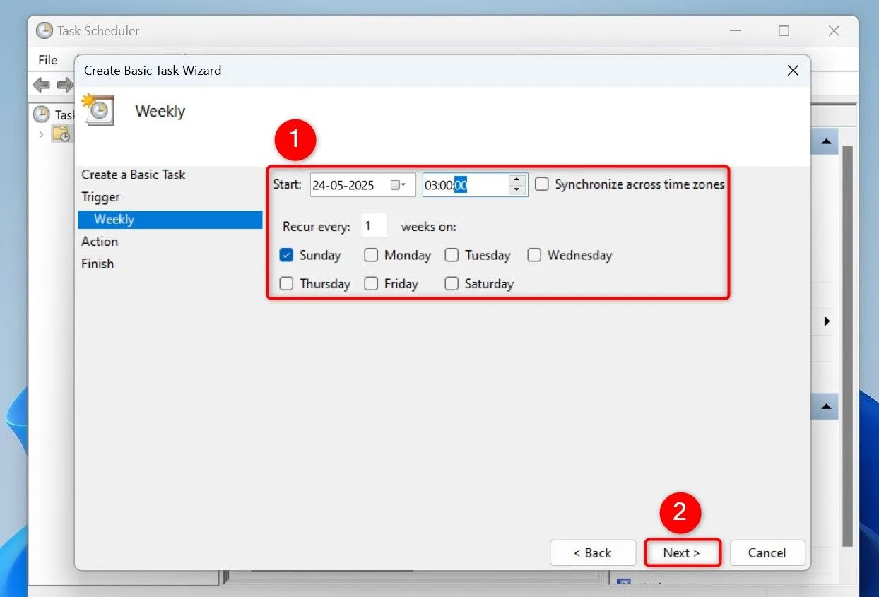 Thiết lập ngày Chủ Nhật và thời gian 3 giờ sáng để PC Windows 11 tự động khởi động lại hàng tuần.