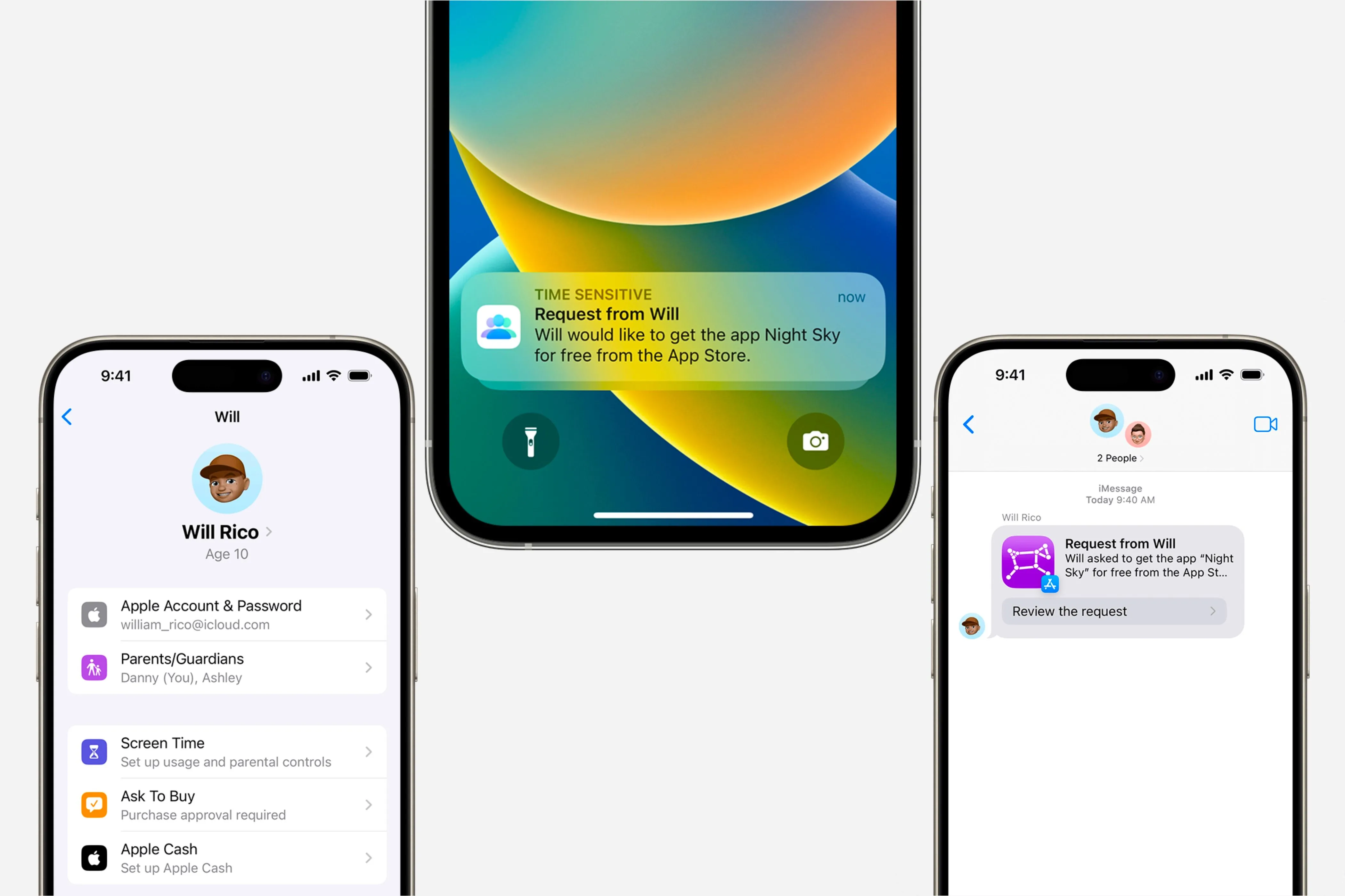 Thông báo và tùy chọn Ask to Buy trong cài đặt hiển thị trên ba chiếc iPhone khác nhau với nền màu xám nhạt.
