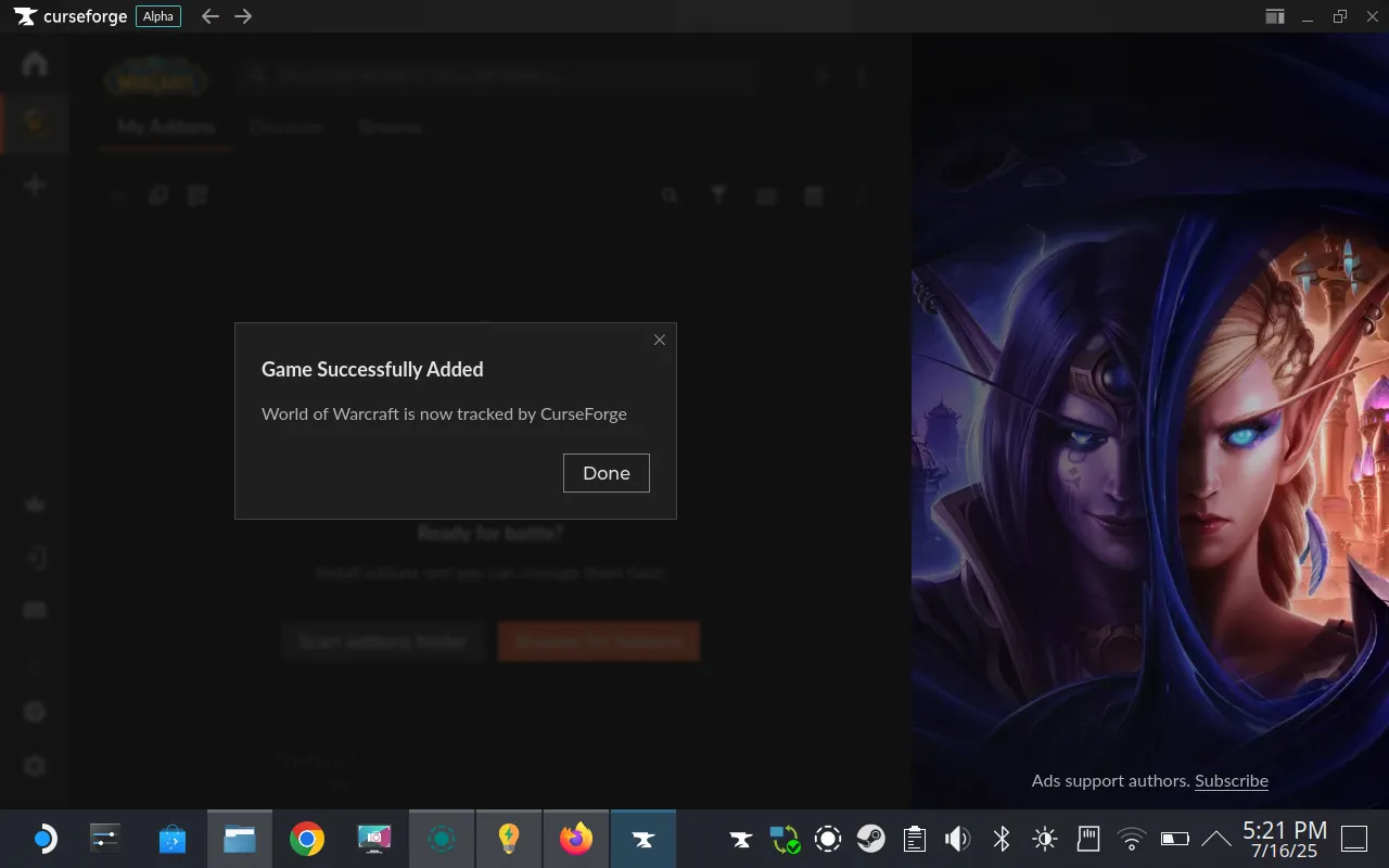 Thông báo World of Warcraft đã được thêm thành công vào CurseForge.