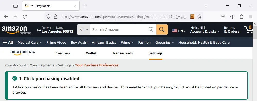 Thông báo xác nhận tính năng mua hàng 1-Click đã được vô hiệu hóa thành công trên Amazon