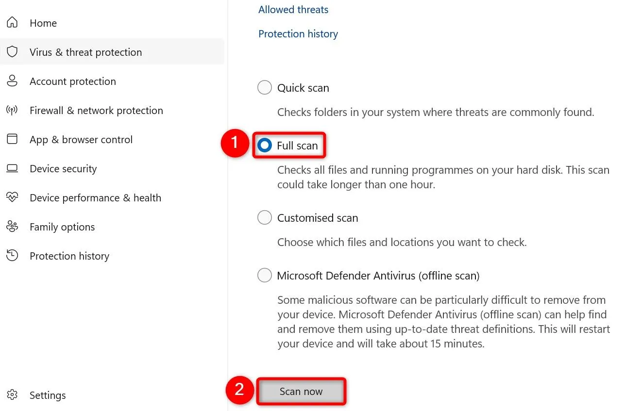 Thực hiện &quot;Quét toàn bộ&quot; (Full Scan) bằng Microsoft Defender Antivirus trên Windows 11.