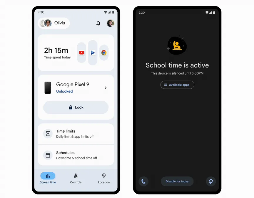 Tính năng Thời gian học (School Time) trong Family Link giúp giới hạn chức năng điện thoại trong giờ học.