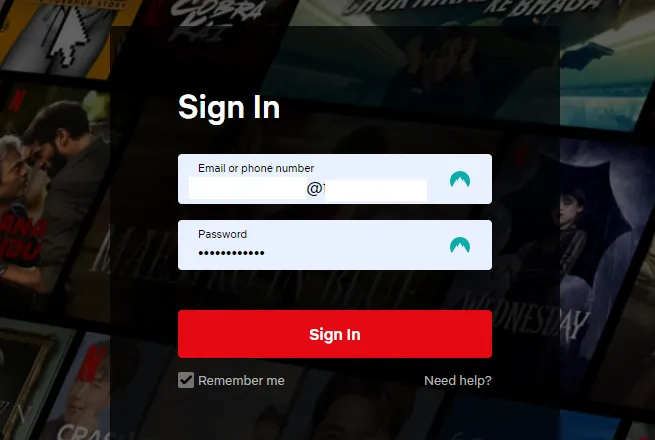 Tính năng tự động điền mật khẩu của NordPass hoạt động trên trang đăng nhập Netflix.