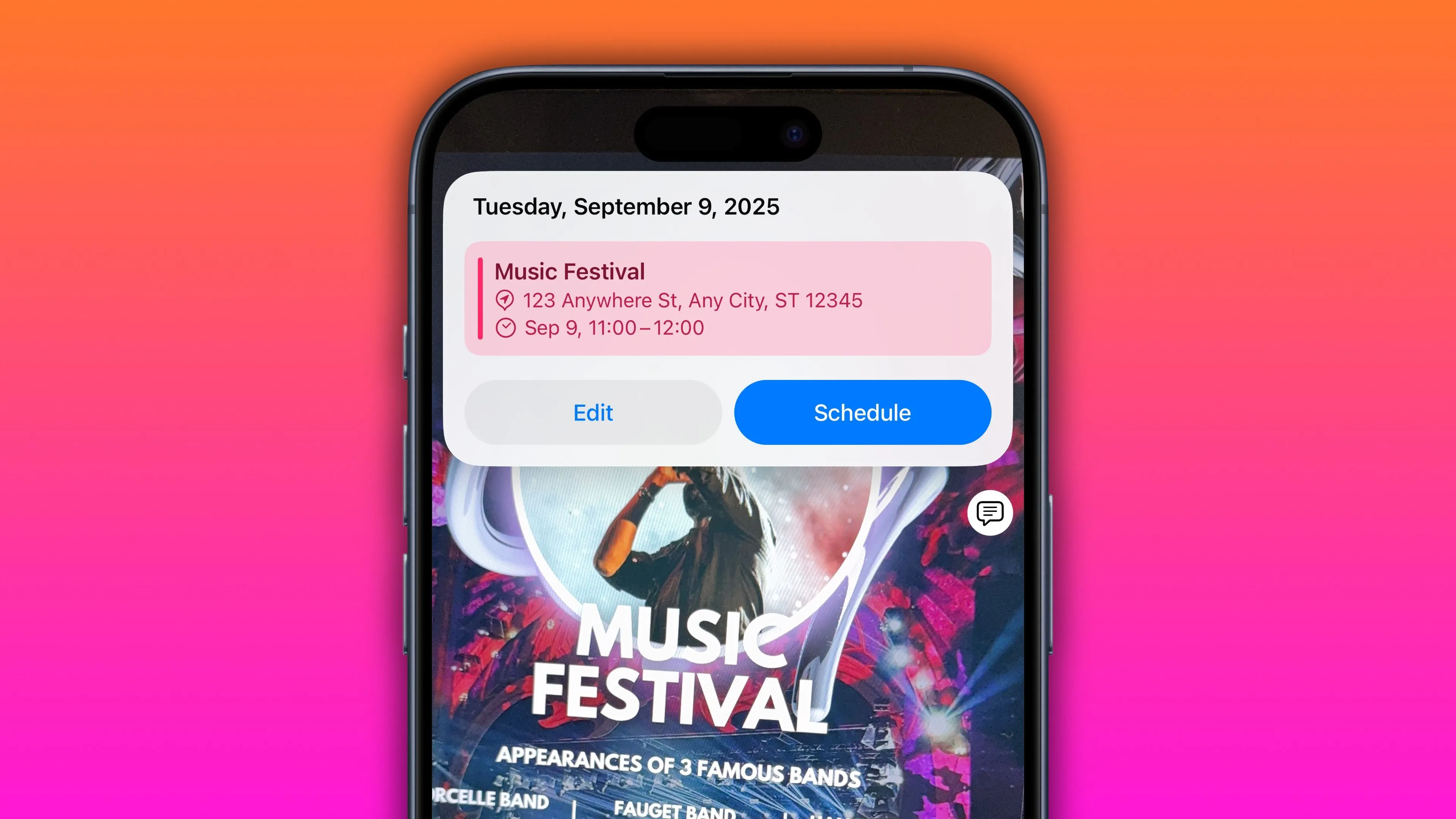 Tính năng Visual Intelligence trên iPhone hiển thị tùy chọn thêm sự kiện vào lịch từ hình ảnh tờ rơi quảng cáo hòa nhạc trong iOS 18.3.