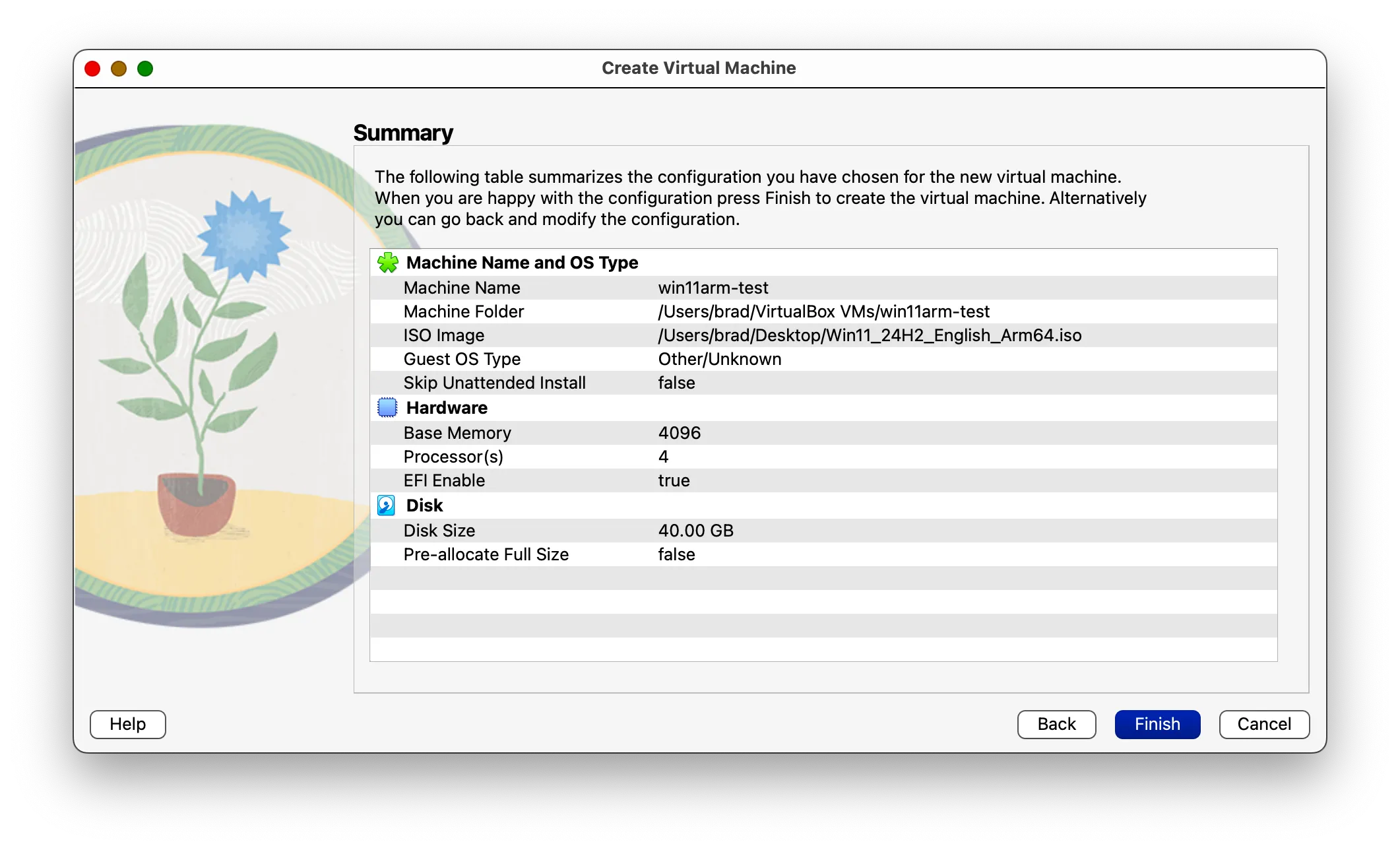 Tóm tắt cấu hình cài đặt khi tạo máy ảo VirtualBox mới cho Windows 11 ARM trên Apple Silicon