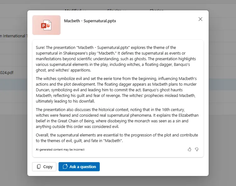 Tóm tắt nội dung bài thuyết trình PowerPoint về chủ đề siêu nhiên trong Macbeth do Copilot tạo ra.