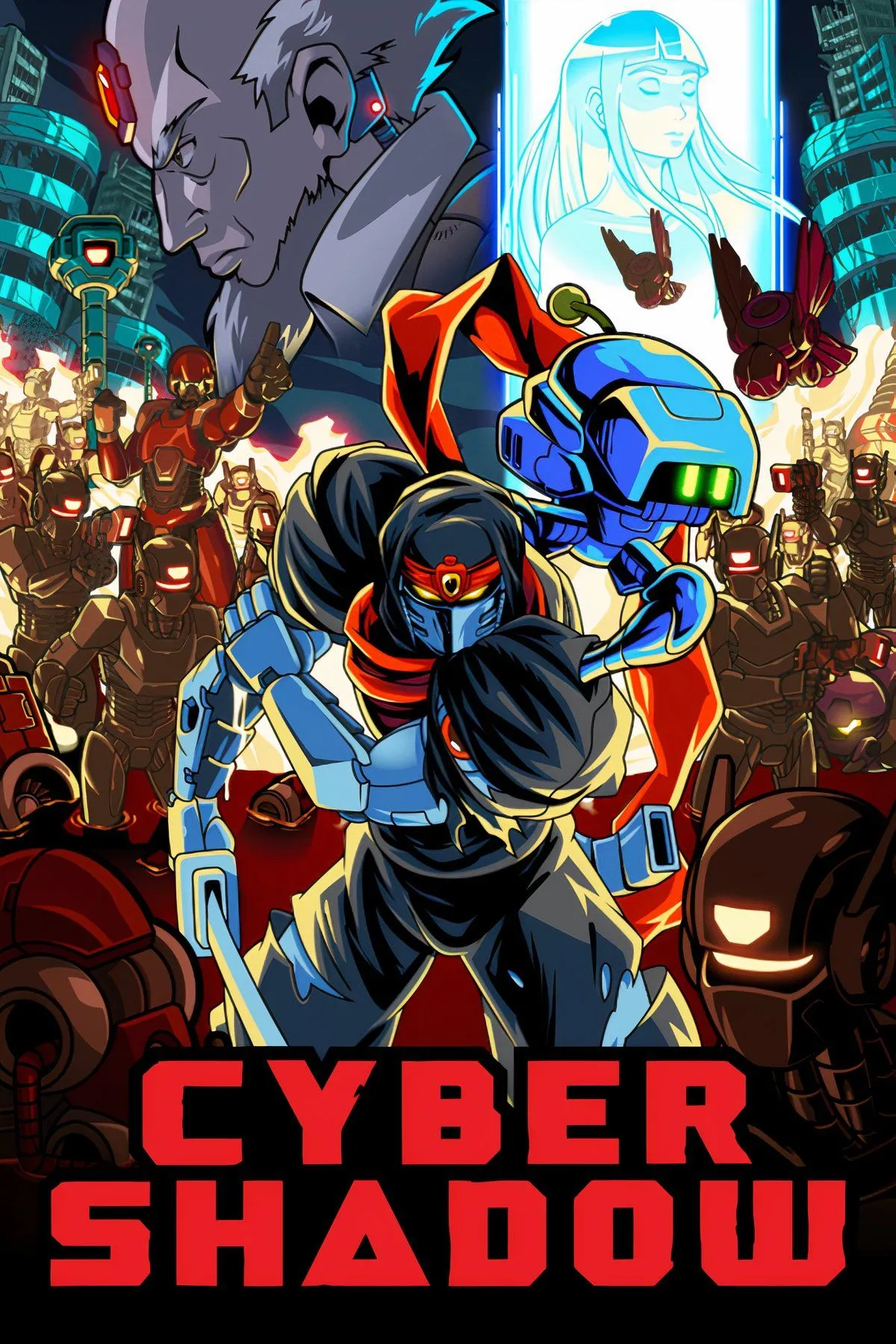 Tổng hợp cảnh hành động trong Cyber Shadow, thể hiện đồ họa pixel 8-bit và lối chơi ninja tốc độ cao, gợi nhớ Ninja Gaiden.