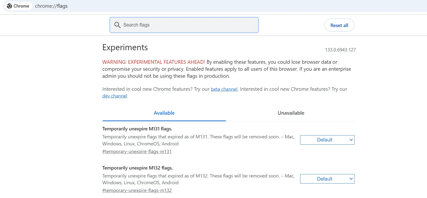 Trang Chrome Flags hiển thị các tính năng thử nghiệm của trình duyệt Google Chrome.