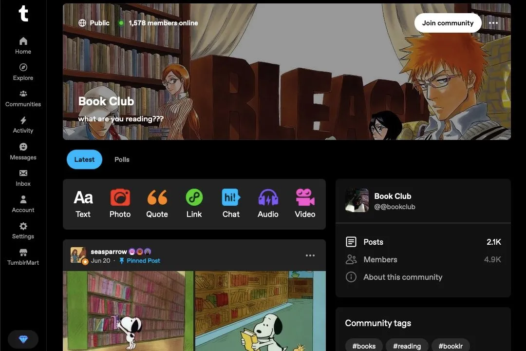 Trang Cộng đồng Tumblr &quot;Book Club&quot; minh họa bảng điều khiển riêng biệt của nhóm.