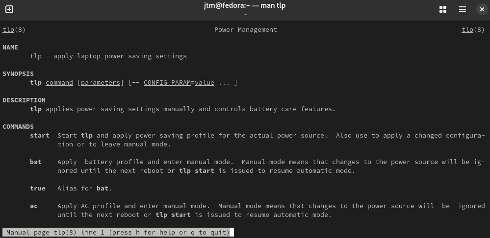Trang hướng dẫn (man page) của công cụ quản lý pin TLP hiển thị trong cửa sổ terminal Linux