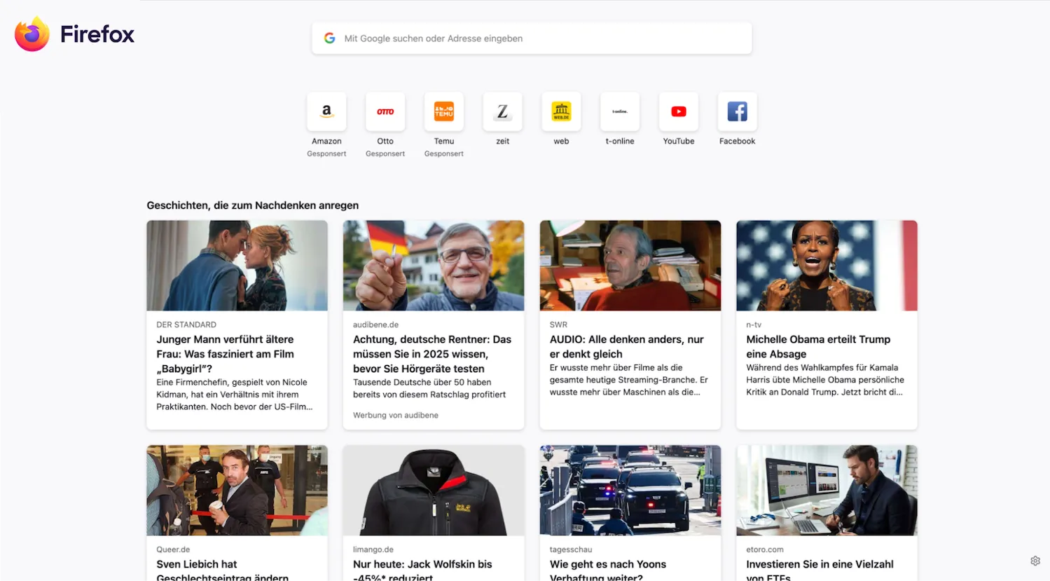 Trang tab mới của Firefox 135 hiển thị các tin tức đề xuất, thanh tìm kiếm và biểu tượng truy cập nhanh các website.