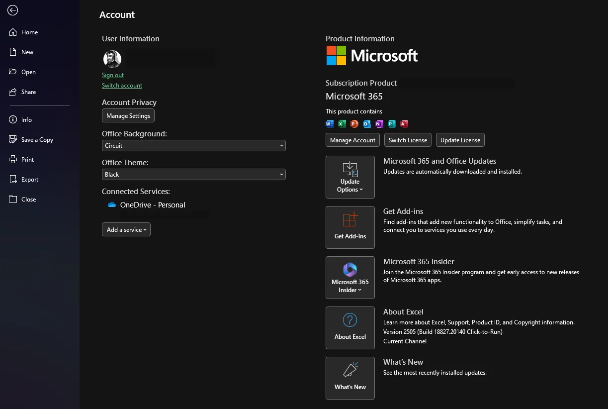 Trang tài khoản Microsoft Excel với chủ đề &quot;Black&quot; đã chọn