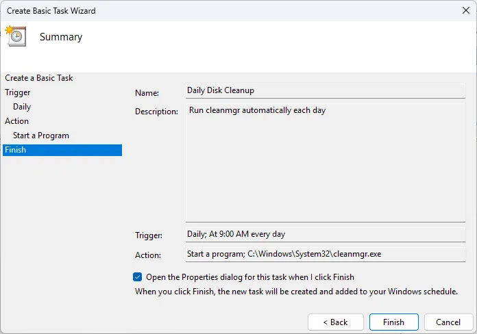 Trình hướng dẫn tạo tác vụ cơ bản của Task Scheduler đang thiết lập một tác vụ mới