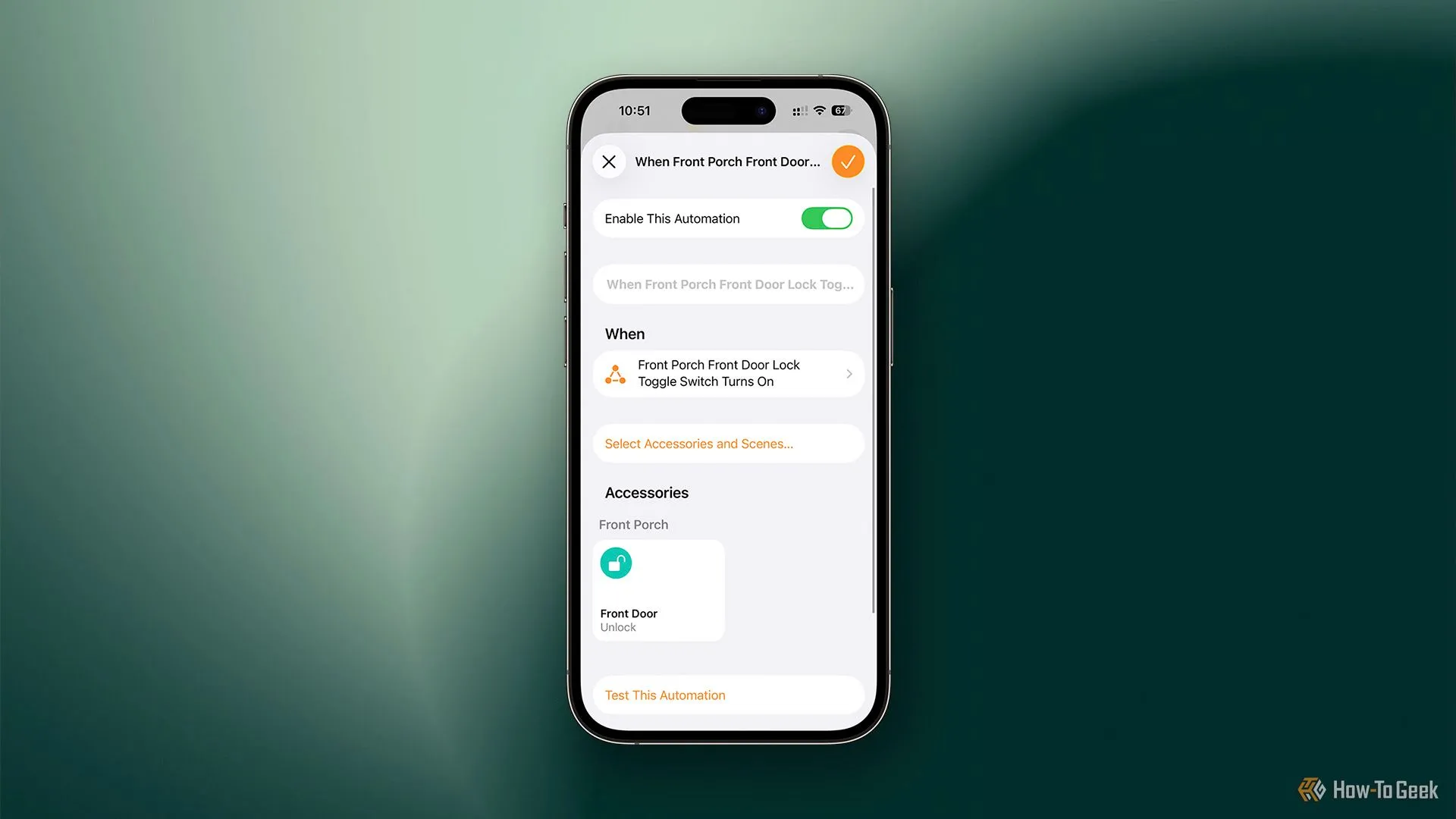 Tự động hóa HomeKit: Khóa cửa mở khi công tắc ảo được bật.