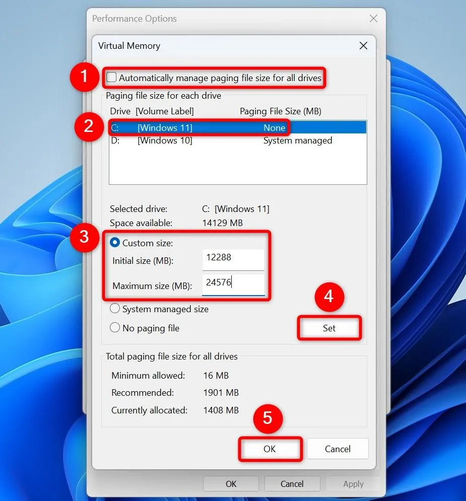 Tùy chỉnh kích thước bộ nhớ ảo (Virtual Memory) để tối ưu hiệu suất trên Windows 11.