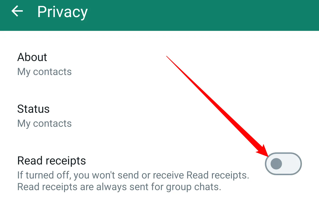 Tùy chọn Báo cáo đã đọc (Read Receipts) trong cài đặt quyền riêng tư WhatsApp đang được tắt