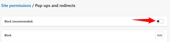Tùy chọn chặn cửa sổ bật lên và chuyển hướng (Pop-Ups and Redirects) trong cài đặt Edge.