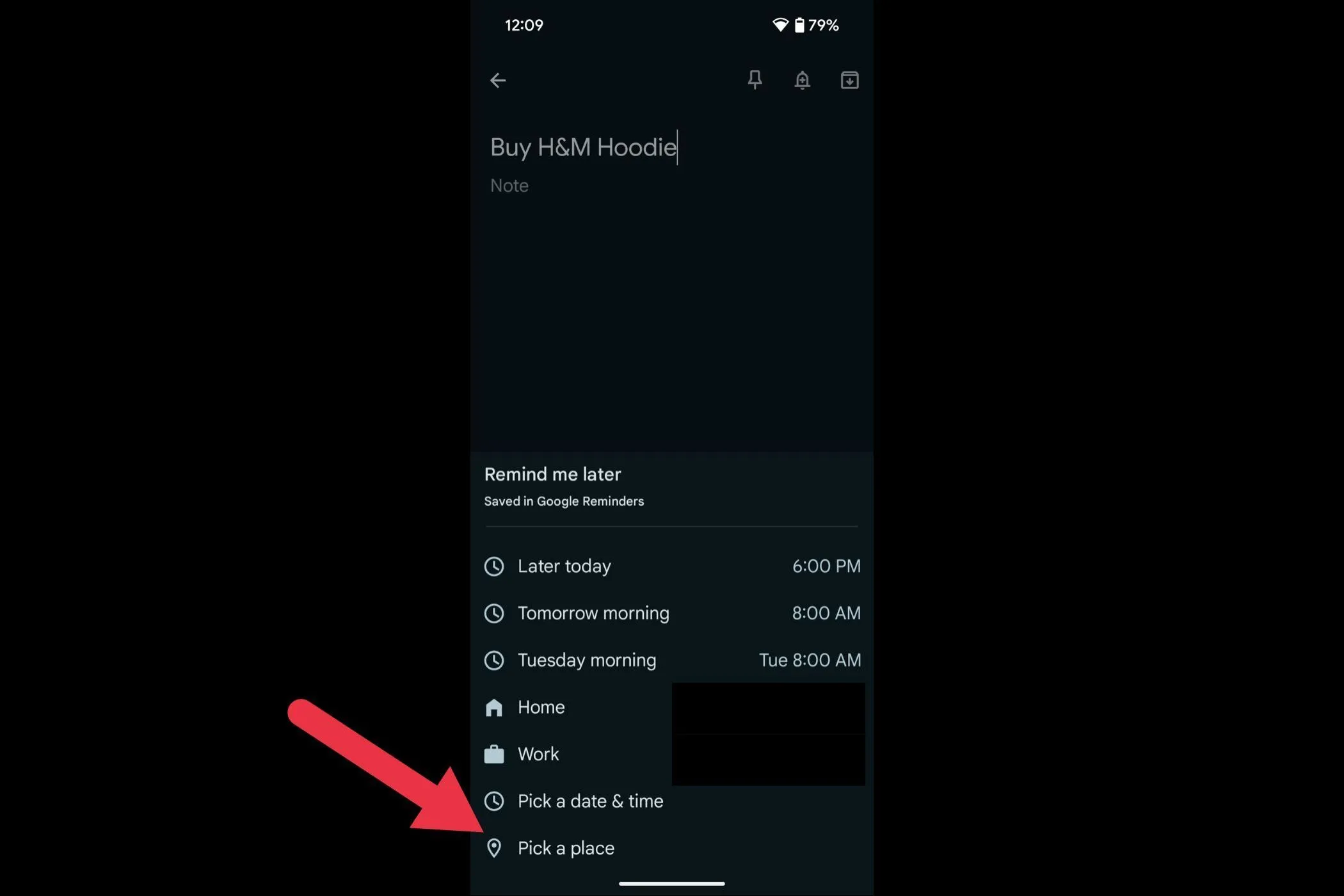 Tùy chọn &quot;Chọn một địa điểm&quot; trong menu nhắc nhở của Google Keep.