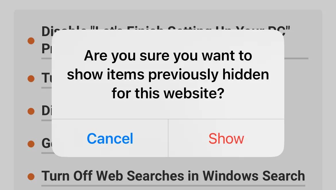 Tùy chọn 'Hiện các mục đã ẩn' để khôi phục trang web trong Safari