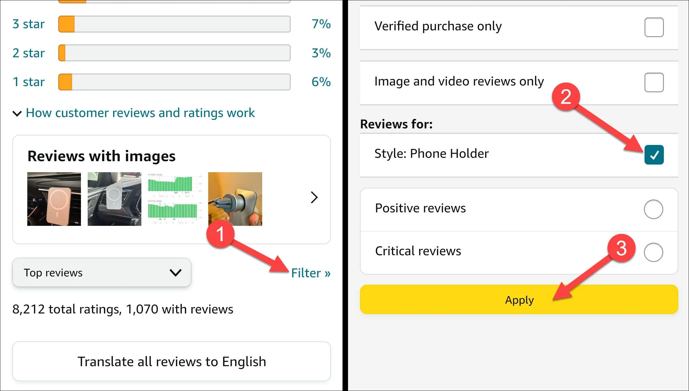 Tùy chọn lọc đánh giá theo sản phẩm trên ứng dụng Amazon