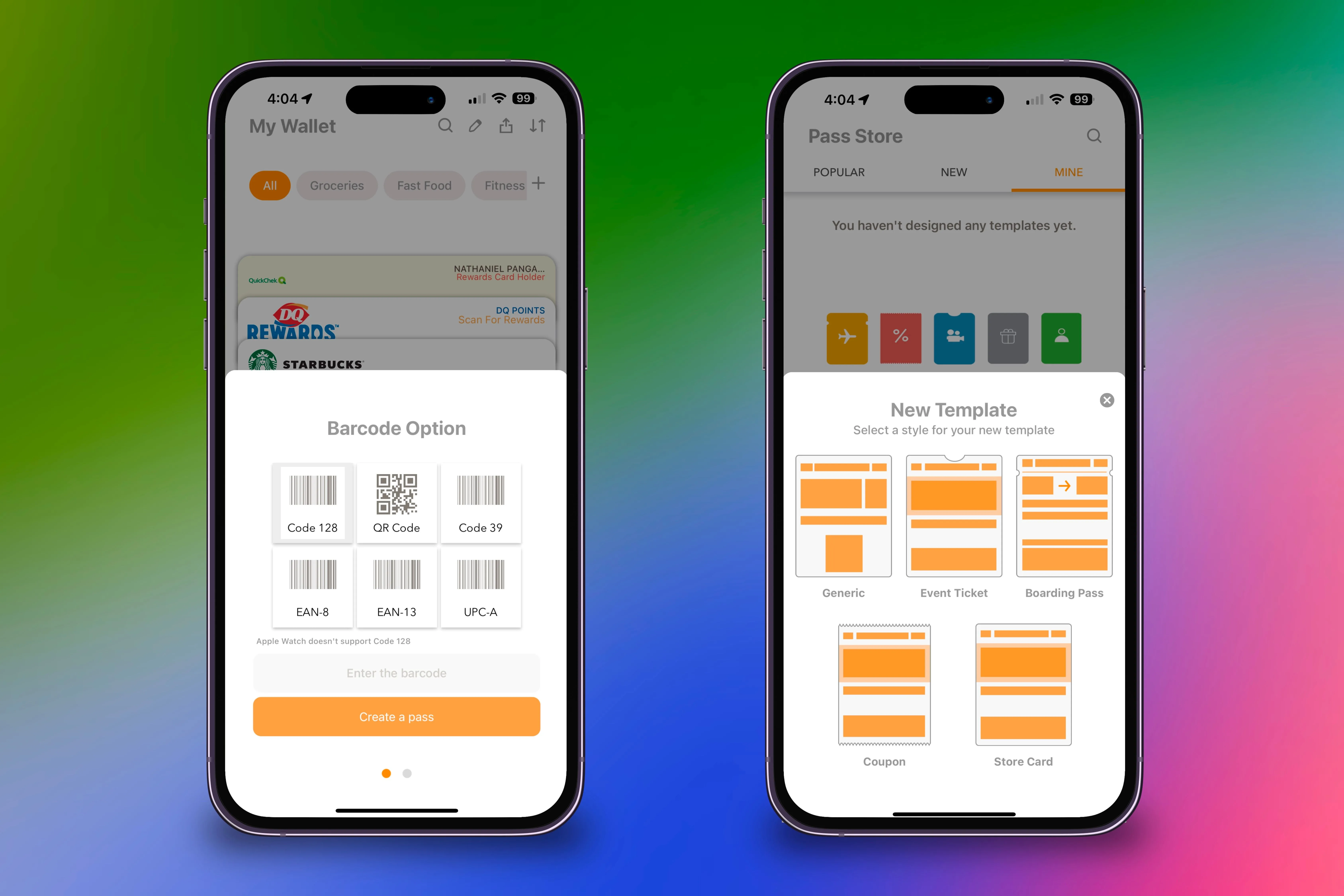 Tùy chọn mã vạch và các mẫu thẻ mới trong ứng dụng Pass2U trên hai chiếc iPhone với nền màu sắc.