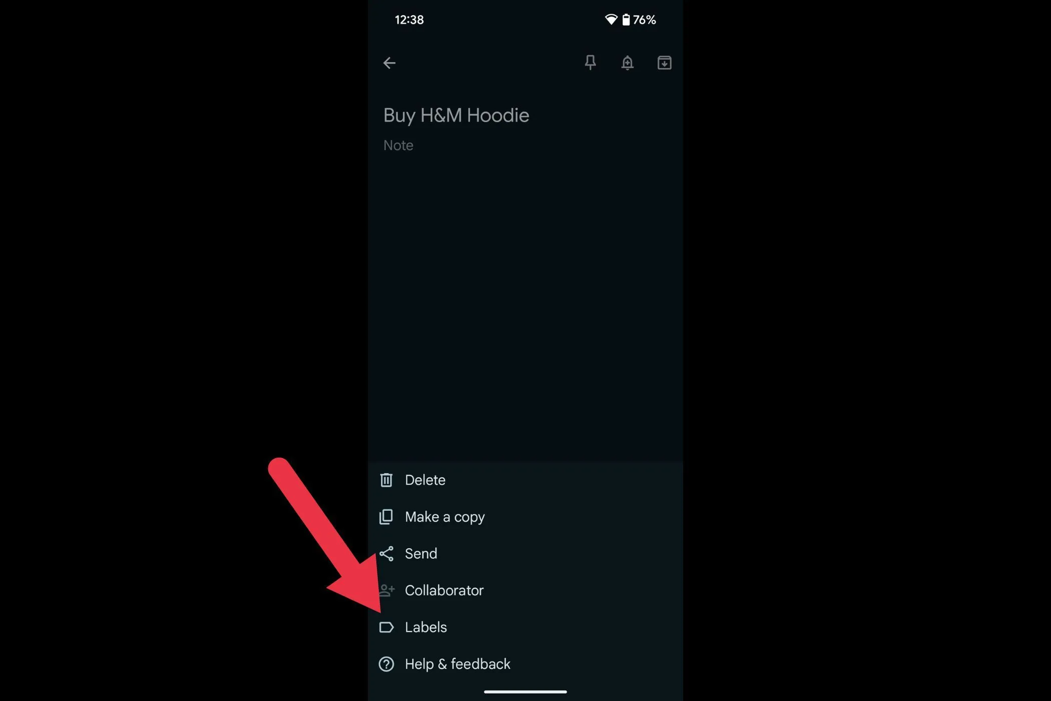 Tùy chọn &quot;Nhãn&quot; (Labels) trong menu cài đặt ghi chú Google Keep.