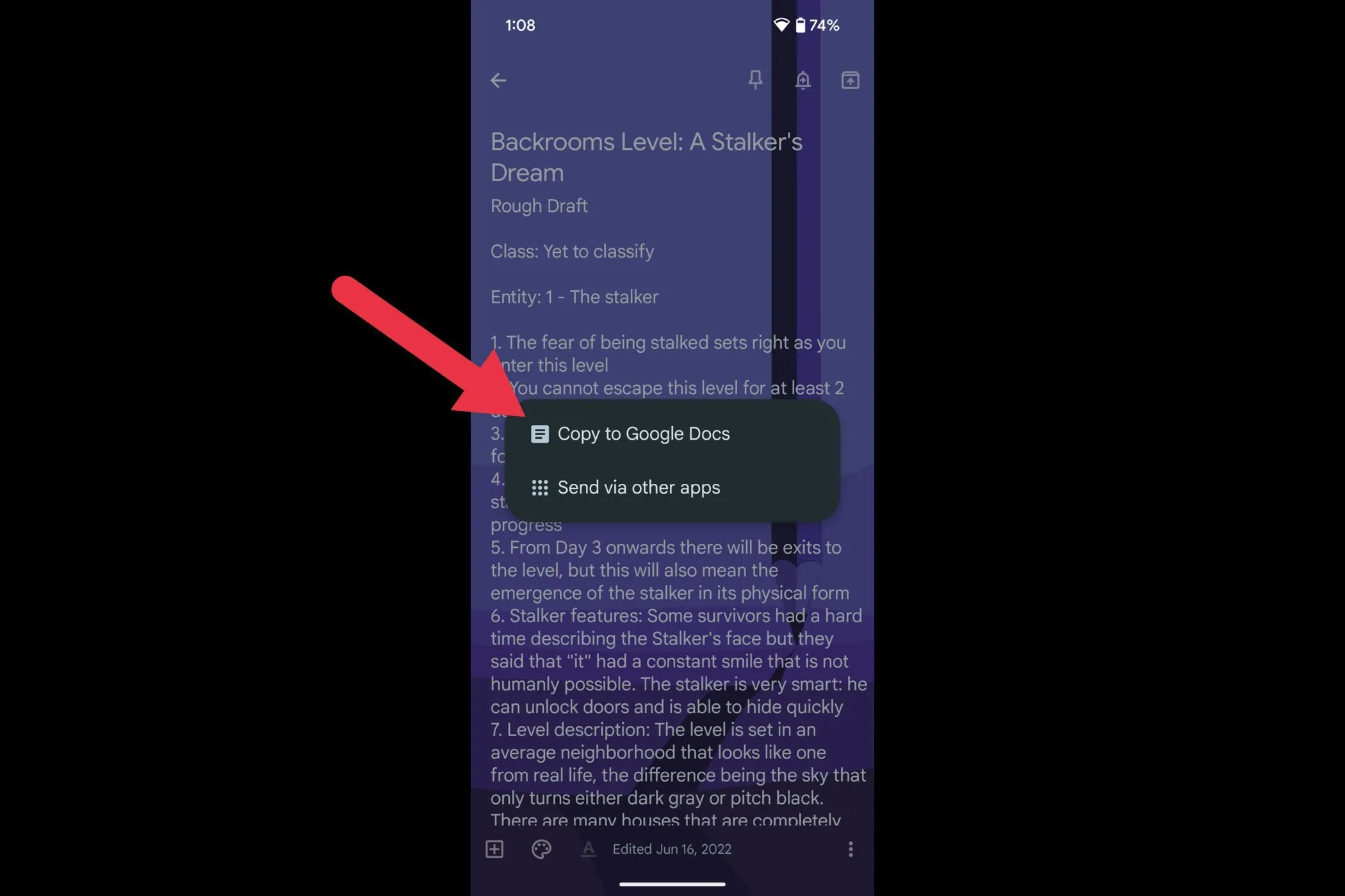Tùy chọn &quot;Sao chép vào Google Docs&quot; (Copy to Google Docs) trong Google Keep.