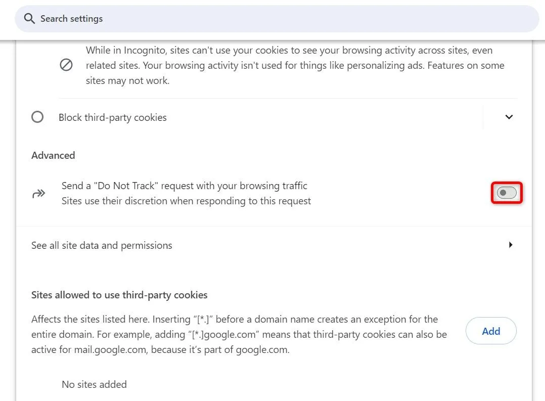 Tùy chọn &quot;Send a Do Not Track Request With Your Browsing Traffic&quot; được bật trong cài đặt Chrome trên máy tính.