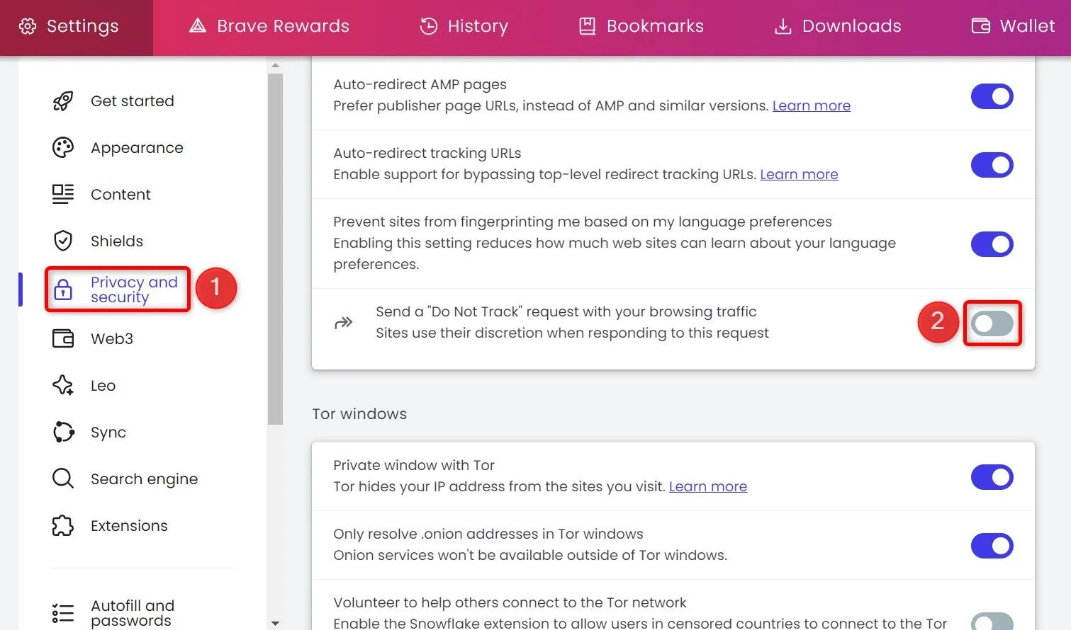 Tùy chọn &quot;Send a Do Not Track Request With Your Browsing Traffic&quot; được bật trong cài đặt quyền riêng tư và bảo mật của Brave trên máy tính.