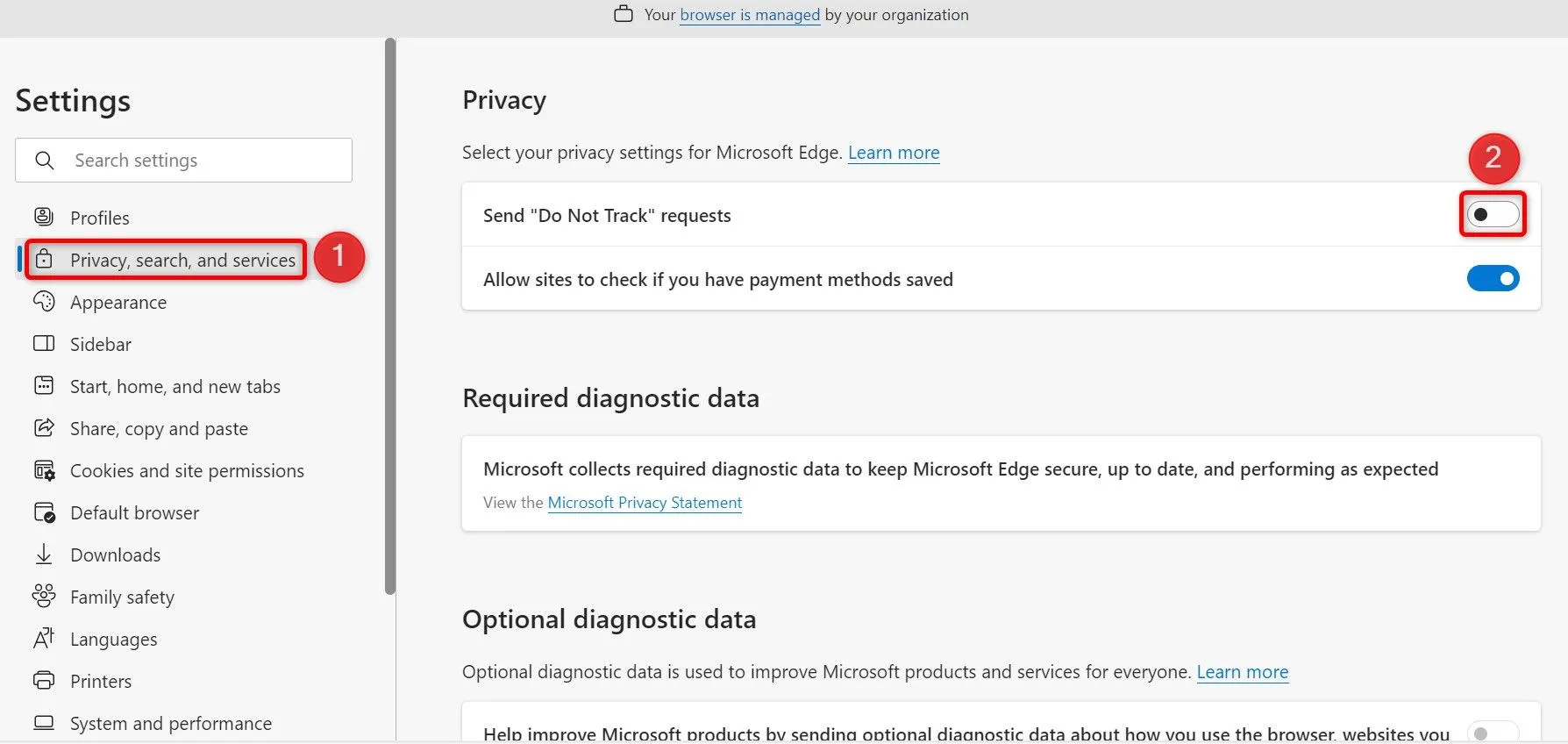 Tùy chọn &quot;Send Do Not Track Requests&quot; được bật trong cài đặt quyền riêng tư và dịch vụ của Edge trên máy tính.