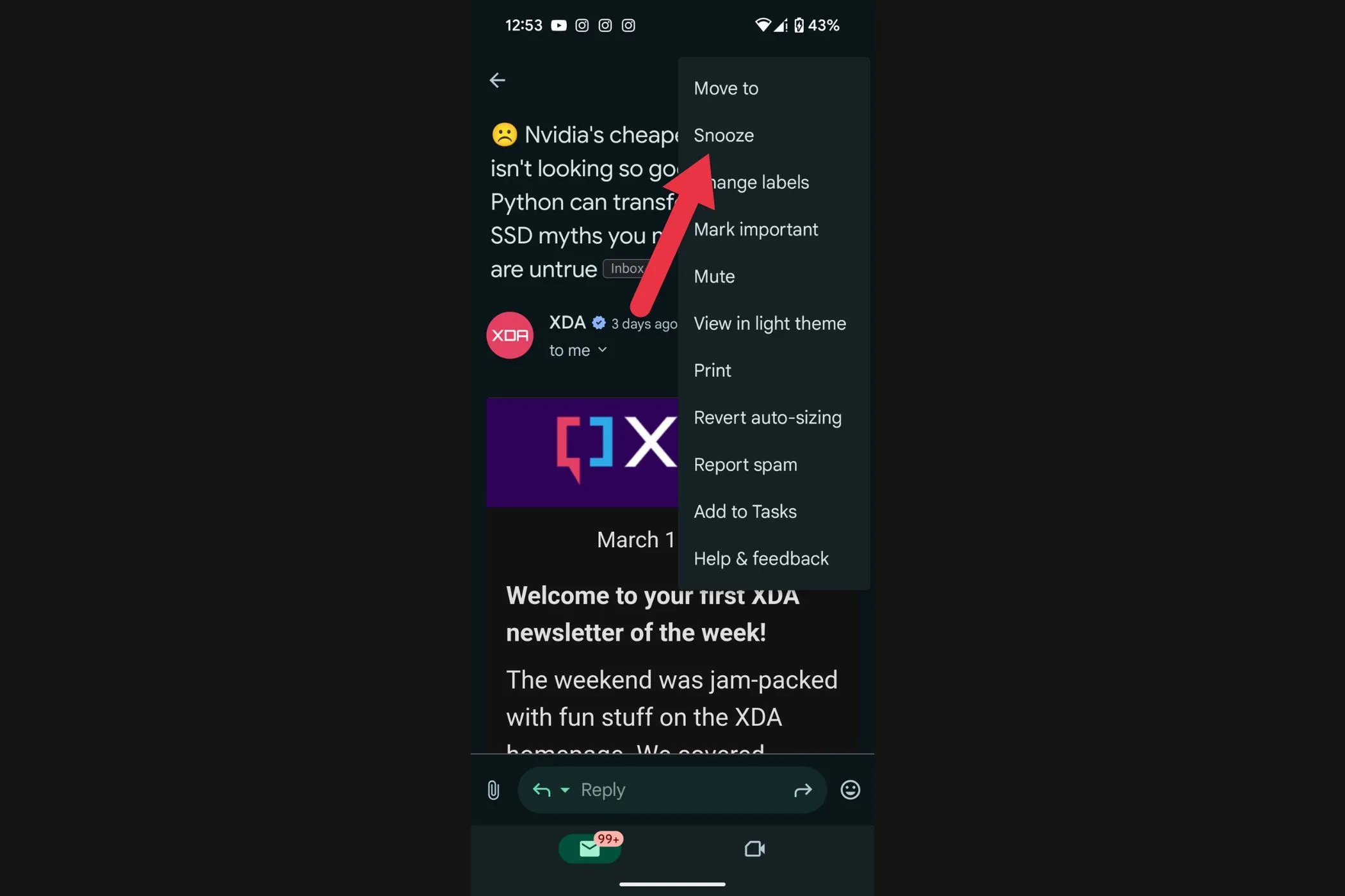 Tùy chọn Tạm ẩn (Snooze) email trong menu ngữ cảnh của Gmail Android