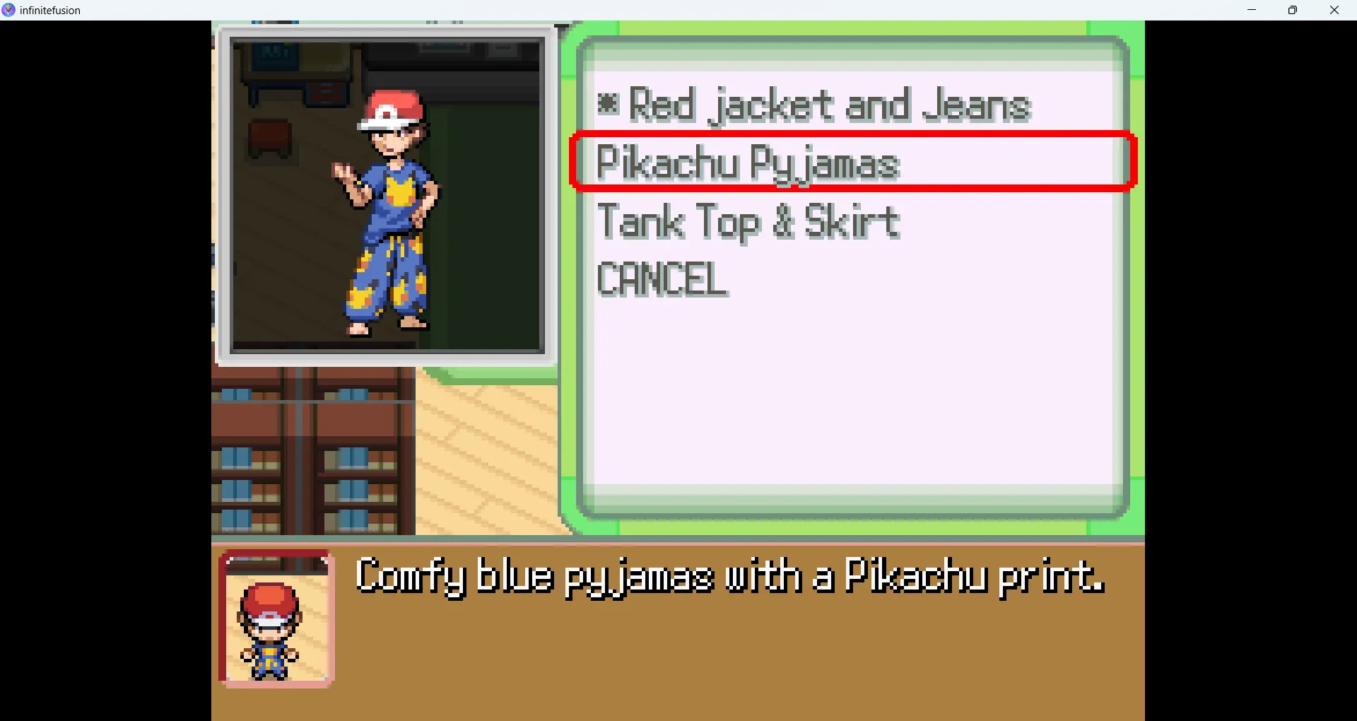 Tùy chọn trang phục đa dạng cho nhân vật người chơi trong Pokémon Infinite Fusion, một tính năng bổ sung độc đáo của bản ROM hack này.