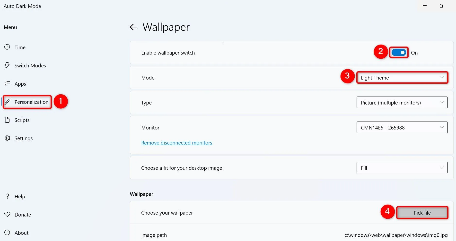 Tùy chọn tự động thay đổi hình nền Desktop trong ứng dụng Auto Dark Mode trên Windows 11.