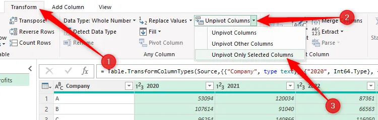 Tùy chọn &quot;Unpivot Only Selected Columns&quot; được chọn trong Power Query Editor của Excel
