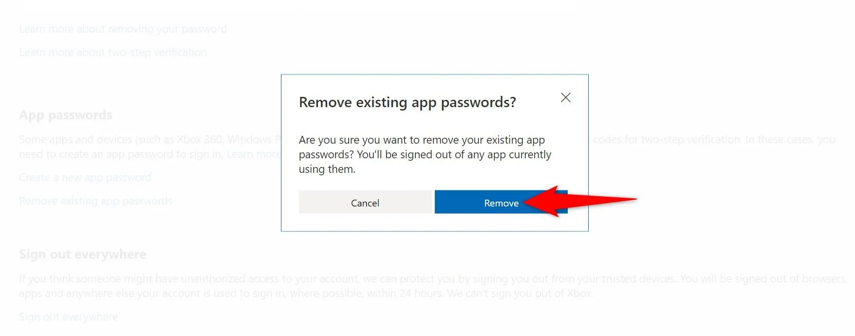 Tùy chọn xóa tất cả mật khẩu ứng dụng hiện có trên Microsoft