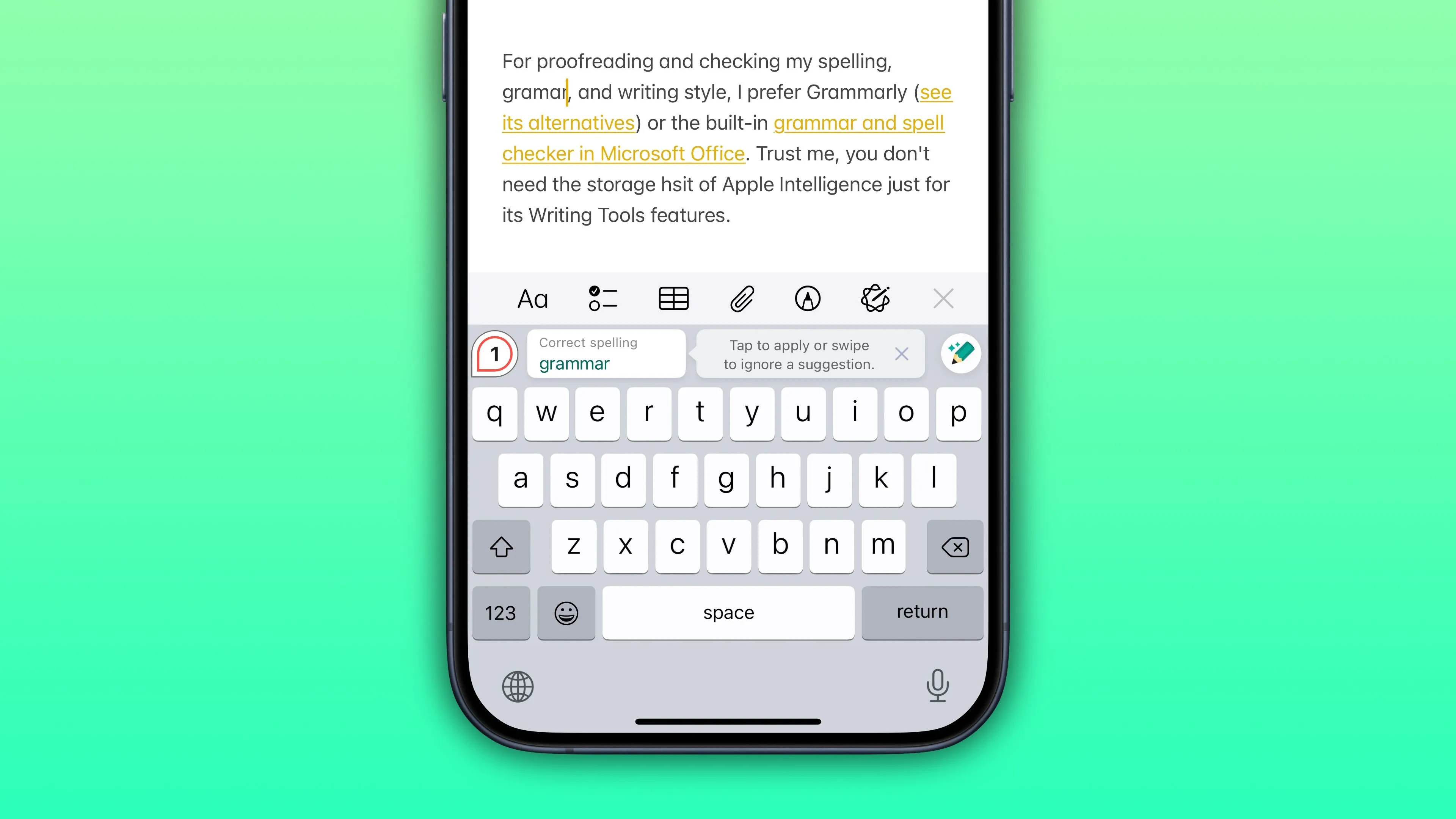 Ứng dụng Grammarly Keyboard trên iPhone, hỗ trợ kiểm tra ngữ pháp và chính tả khi gõ văn bản.