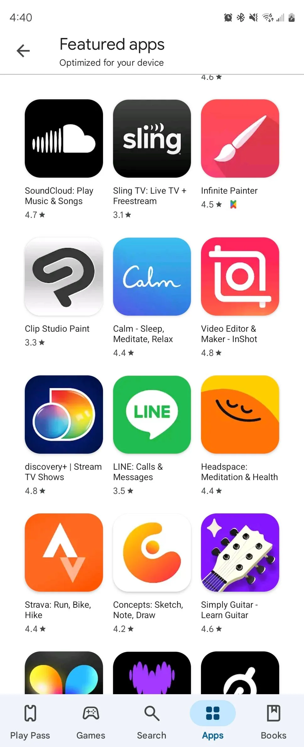 Ứng dụng nổi bật trên Play Store sau khi cuộn xuống, xuất hiện các ứng dụng ít quen thuộc hơn