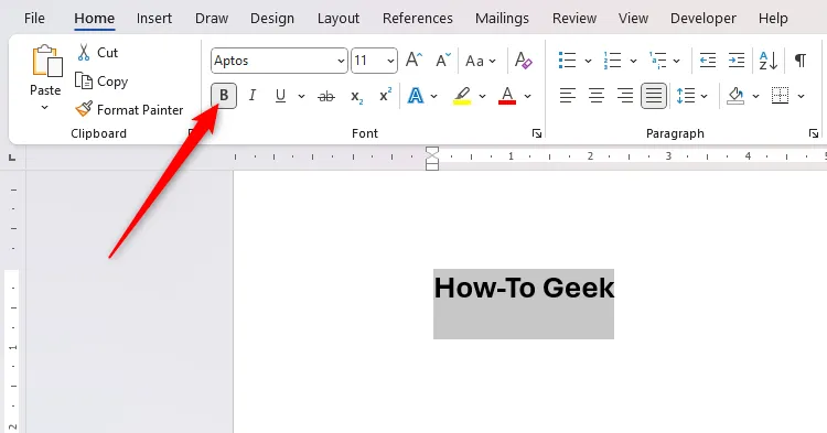 Văn bản &quot;How-To Geek&quot; được in đậm trong tài liệu Word