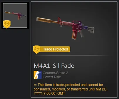 Vật phẩm M4A1-S Fade trong Counter-Strike 2 hiển thị biểu tượng "Đã bảo vệ giao dịch" trong 7 ngày trên Steam