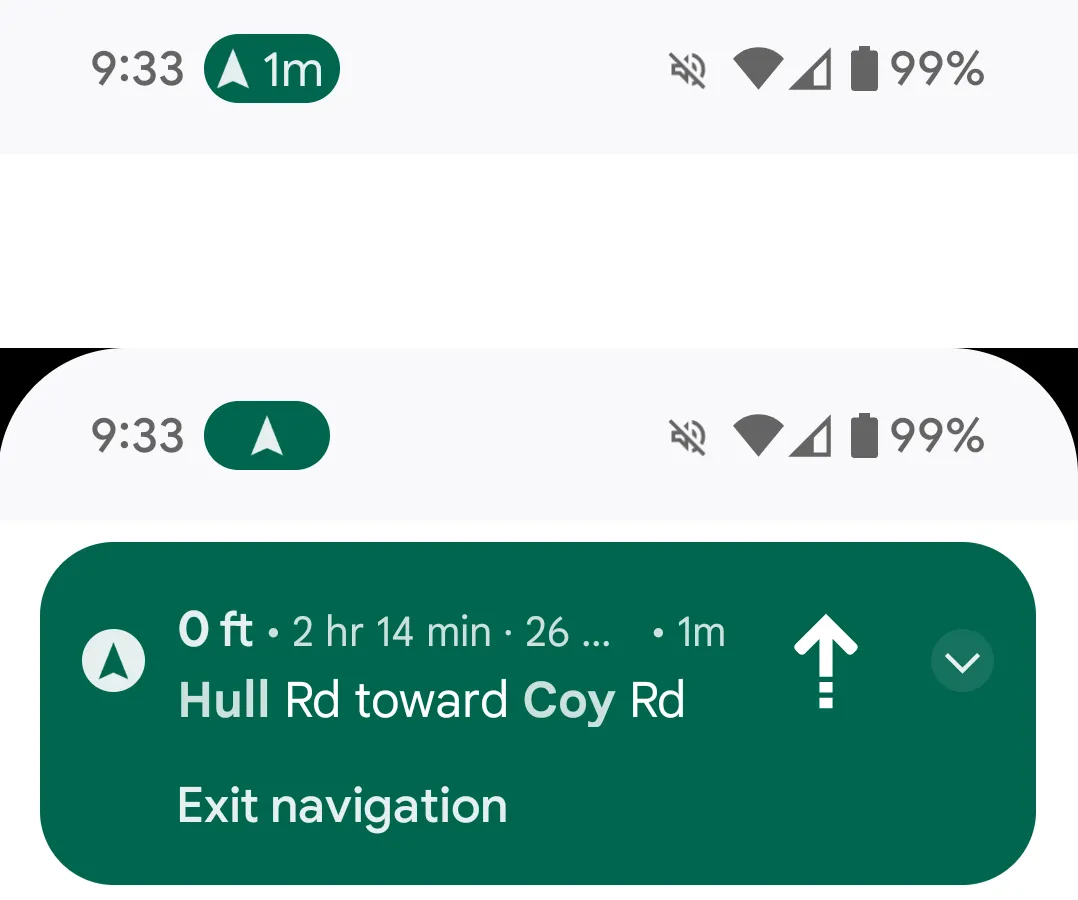 Ví dụ về chip thông báo và cửa sổ pop-up của Google Maps khi sử dụng tính năng chỉ đường với Live Updates trên Android 16.