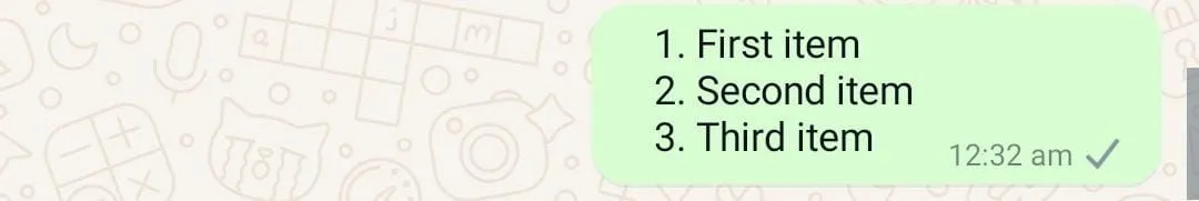 Ví dụ về danh sách đánh số trong tin nhắn WhatsApp