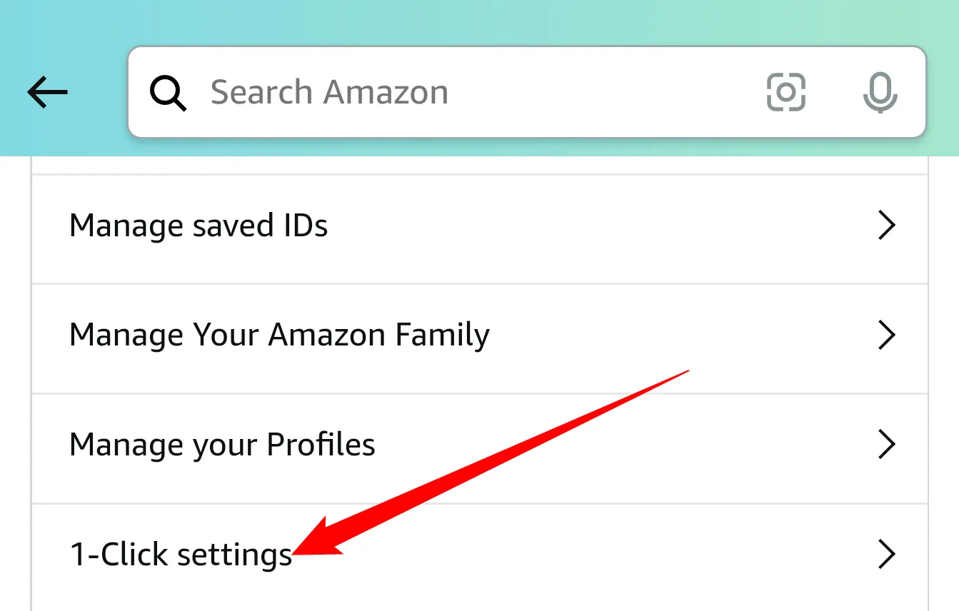 Vị trí &quot;Cài đặt 1-Click&quot; trong phần cài đặt tài khoản trên ứng dụng Amazon di động